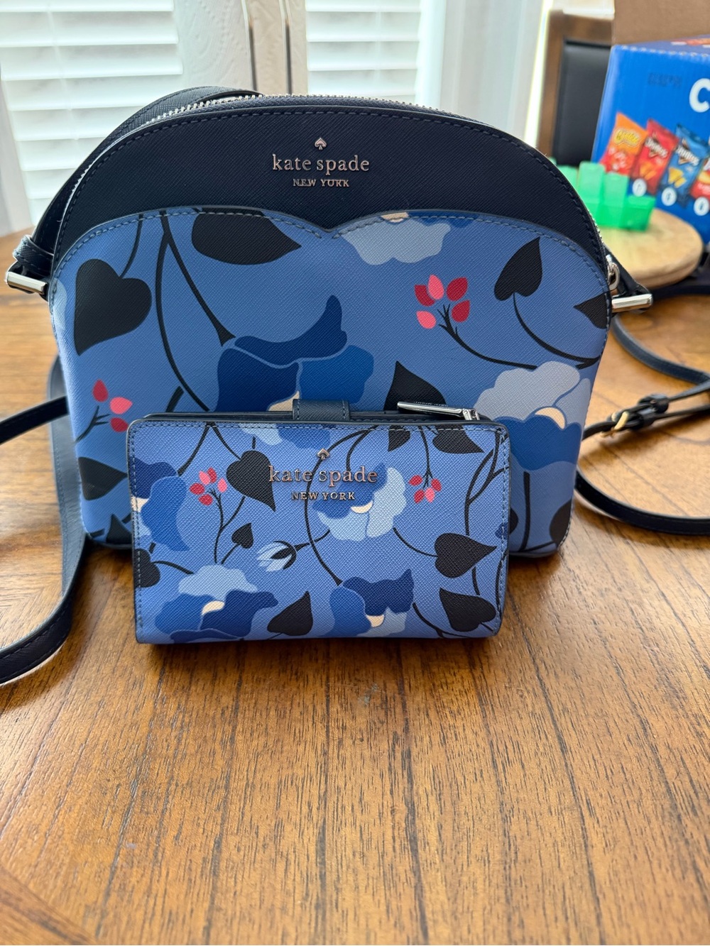 kate spade navy and light blue floral crossbody with matching wallet